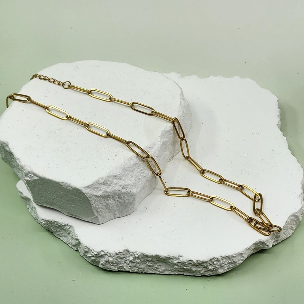 Gold Tone Paperclip Chain Necklace Long Link Minimalist Layering Adjustable